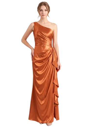 Vestido de noche asimétrico en charmeuse spandex color shebron con drapeado en el talle, escote de un hombro y falda con abertura en cascada.