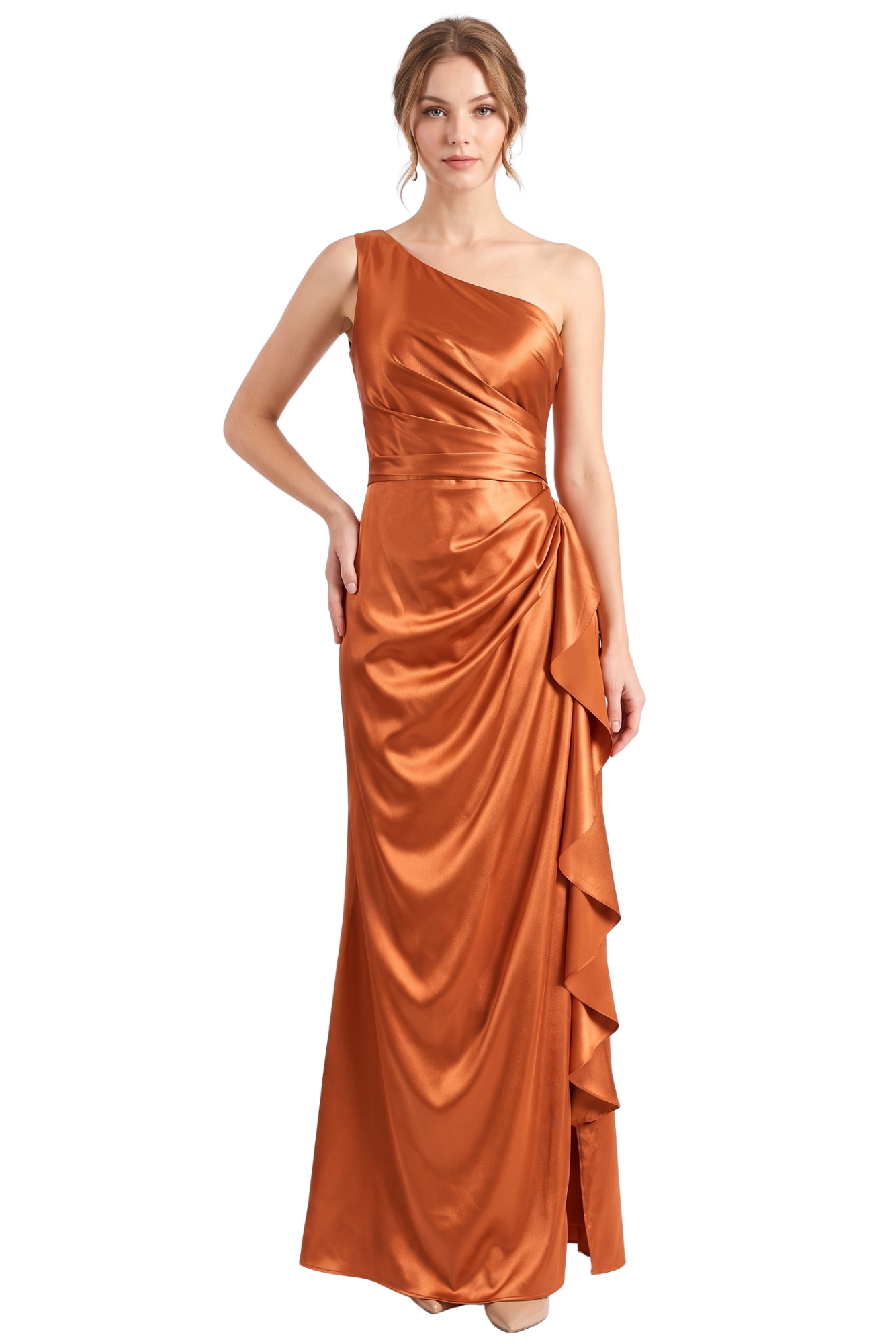 Vestido de noche asimétrico en charmeuse spandex color shebron con drapeado en el talle, escote de un hombro y falda con abertura en cascada.