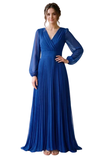 Elegante vestido largo en color azul rey, con escote cruzado con pliegues, manga larga semitransparente y falda amplia con plisado solei.